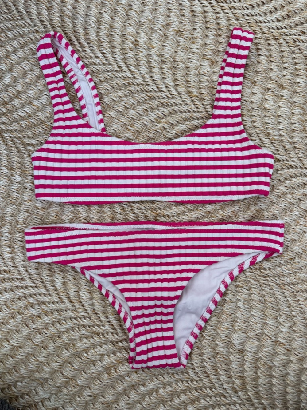 SOLID & STRIPED Pink and White Striped Ribbed Bikini Set